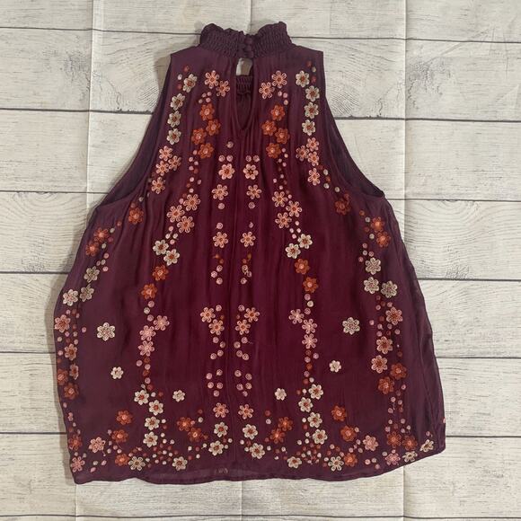 Floret Burgundy Embroidered Dark Floral High Neck Sleeveless Flowy Top Small - Picture 6 of 10